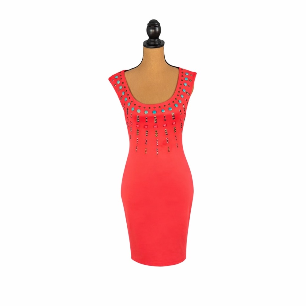 Y2K McBling Arden B Hot Pink Studded Bodycon Mini Club Dress Womens Small VTG